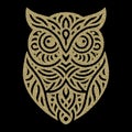 Beautiful ornamental stipple textured gold owl pattern. Modern vector black background with grunge dotted gold owl bird.