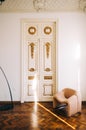 Beautiful ornamental vintage door in bright living room, interior details Royalty Free Stock Photo