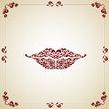 Ornate lips. Vector illustration on vintage background.