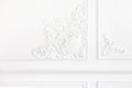 Beautiful ornate white decorative plaster mouldings in studio. The white wall is decorated with exquisite elements of Royalty Free Stock Photo