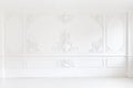 Beautiful ornate white decorative plaster mouldings in studio. The white wall is decorated with exquisite elements of