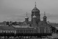 Beautiful Orthodox Church in city of Saint Petersburg in Russia. Monochrome picture 