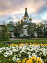 Beautiful Orthodox Church in Sofia, Bulgaria with olorful flowers, white, yellow in front