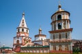 Beautiful orthodox temple on a background of blue sky during the day in sunny weather.