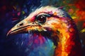 A beautiful ostrich, modern artwork, abstract colorful painting with geometric shapes. Hand drawn digital painting. Generative AI