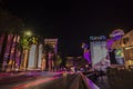 Beautiful out-of-focus colorful tracers of Strip road. Night Las Vegas cityscape view.