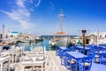 Outdoor cafe bar in Naoussa, Greek fishing village on Paros island, Greece.