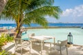 Beautiful outdoor restaurant at the beach at the topical island Royalty Free Stock Photo