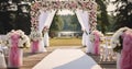 A Beautiful Outdoor Wedding Ceremony with an Elegant Arch of Cloth and Flowers
