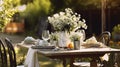 Beautiful outdoor wedding table setting with white flowers Royalty Free Stock Photo