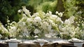 Beautiful outdoor wedding table setting with white flowers Royalty Free Stock Photo