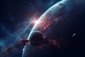 Beautiful outer space scenery digital background. Surreal fantasy cosmic world. Dark colorful universe. Video Game& x27;s Royalty Free Stock Photo