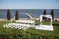Beautiful outgoing wedding set up. Jewish Hupa  on romantic wedding ceremony , wedding outdoor on the lawn water view. Wedding Royalty Free Stock Photo