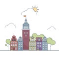 Beautiful outline city landscape. Little colorful town in cartoon style. Vector illustration EPS 10