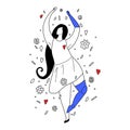 Beautiful outline girl dancing in flowers with prosthetic arm and leg. Modern contour illustration