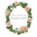 Beautiful oval frame wreath watercolor pattern, wedding invitation, certificate, postcard, flyer. Cream roses, eucalyptus, blue w