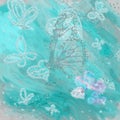 Beautiful overflowing blue, grey watercolor Butterflie, hearts and Butterflies, field flowers on grey background