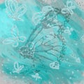 Beautiful overflowing blue, grey watercolor Butterflie, hearts and Butterflies, field flowers on grey background