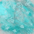 Beautiful overflowing blue, grey watercolor Butterflie, hearts and Butterflies, field flowers on grey background