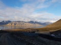 Beautiful overview photo of parts of longyear city airport with mighty mountains and sea Royalty Free Stock Photo