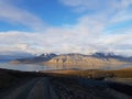 Beautiful overview photo of parts of longyear city airport with mighty mountains and sea Royalty Free Stock Photo