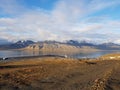 Beautiful overview photo of parts of longyear city airport with mighty mountains and sea Royalty Free Stock Photo