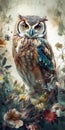 Beautiful owl on a background of flowers. Close-up portrait, digital vertical painting, generative ai