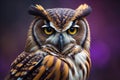 Beautiful owl with big eyes on a purple background. generative ai