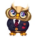 Beautiful owl with glasses, tie and dark blue suit.