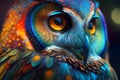 Beautiful owl with multicolored eyes. 3D rendering.