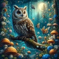 A beautiful owl perched on a branch, in a magical woodland, with beautif wildflowers, moonlit, mushrooms, digital art, fantasy