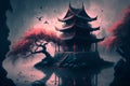 Beautiful pagoda surrounded by water - Generative AI