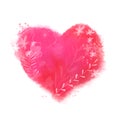 Beautiful painted heart with flowers and leaves. Love symbol for Valentine`s day greeting cards. Big pink watercolor