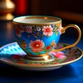 Beautiful painted porcelain cup on a saucer