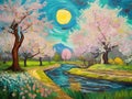A beautiful painting art of Van Gogh style, with whimsical park in spring scenery, small river, blossoms tree, grass, fantasy