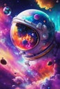 Beautiful painting of an astronaut in a colorful galaxy in space.Astronaut walk on the moon wear cosmos suit. Future concept. Gene