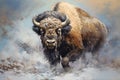 Beautiful painting of bison cow standing in a blizzard. Wildlife Animals. Illustration, Generative AI Royalty Free Stock Photo