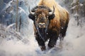 Beautiful painting of bison cow standing in a blizzard. Wildlife Animals. Illustration, Generative AI Royalty Free Stock Photo