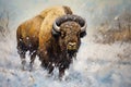 Beautiful painting of bison cow standing in a blizzard. Wildlife Animals. Illustration, Generative AI Royalty Free Stock Photo