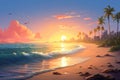 A beautiful painting capturing the serene beauty of a sunset on a tropical beach, adorned with swaying palm trees, A tranquil