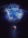 Beautiful painting with a colorful hot air balloon flying up above the stratosphere into a magic wormhole. Surreal and dreamy