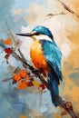 Beautiful painting of common kingfisher on a branch under a tree in the forest. Bird, Wildlife Animals. Illustration, Generative