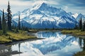 A beautiful painting depicting a grand mountain range with a river flowing in the foreground, An Alaskan landscape with snow- Royalty Free Stock Photo