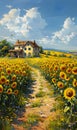 House surrounded by sunflowers in a vibrant natural landscape Royalty Free Stock Photo