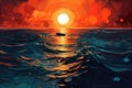 This beautiful painting depicts a boat gracefully sailing in the ocean during a captivating sunset, Create an abstract Royalty Free Stock Photo