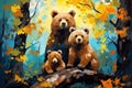 Beautiful painting of a family of bears resting under the trees in the forest. Wildlife Animals. Illustration, Generative AI