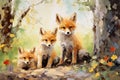 Beautiful painting of a family of foxs resting under the trees in the forest. Wildlife Animals. Illustration, Generative AI Royalty Free Stock Photo