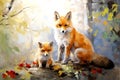 Beautiful painting of family of foxs resting under the trees in the forest. Wildlife Animals. Illustration, Generative AI Royalty Free Stock Photo
