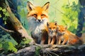 Beautiful painting of a family of foxs resting under the trees in the forest. Wildlife Animals. Illustration, Generative AI Royalty Free Stock Photo