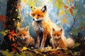 Beautiful painting of a family of foxs resting under the trees in the forest. Animals. Illustration, Generative AI Royalty Free Stock Photo